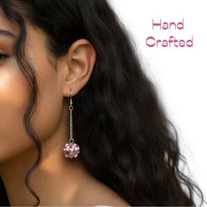 HandCrafted Pink Floral Glass Beaded Long Silver Chain Earrings NWT